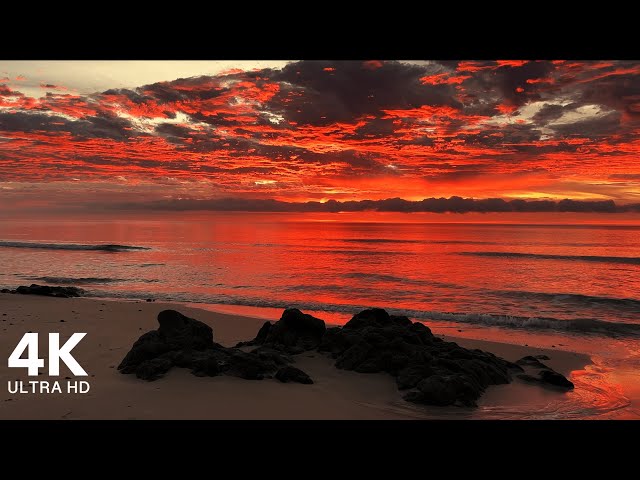 Perfect Sunrise at the Beach with Calming Sound of Waves | 4K Ultra HD class=