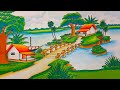 How to draw easy scenery drawing lake side village scenery riverside village landscape scenery