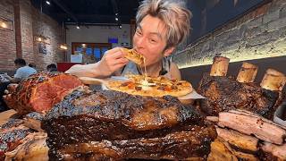 Starved for 72 hours, finally free to feast on meat! All-you-can-eat American BBQ, pizza, and por...