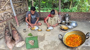 BAMBOO SHOOT Curry With Dry Fish Cooking By Village Mother And Son In Traditional Method For Lunch