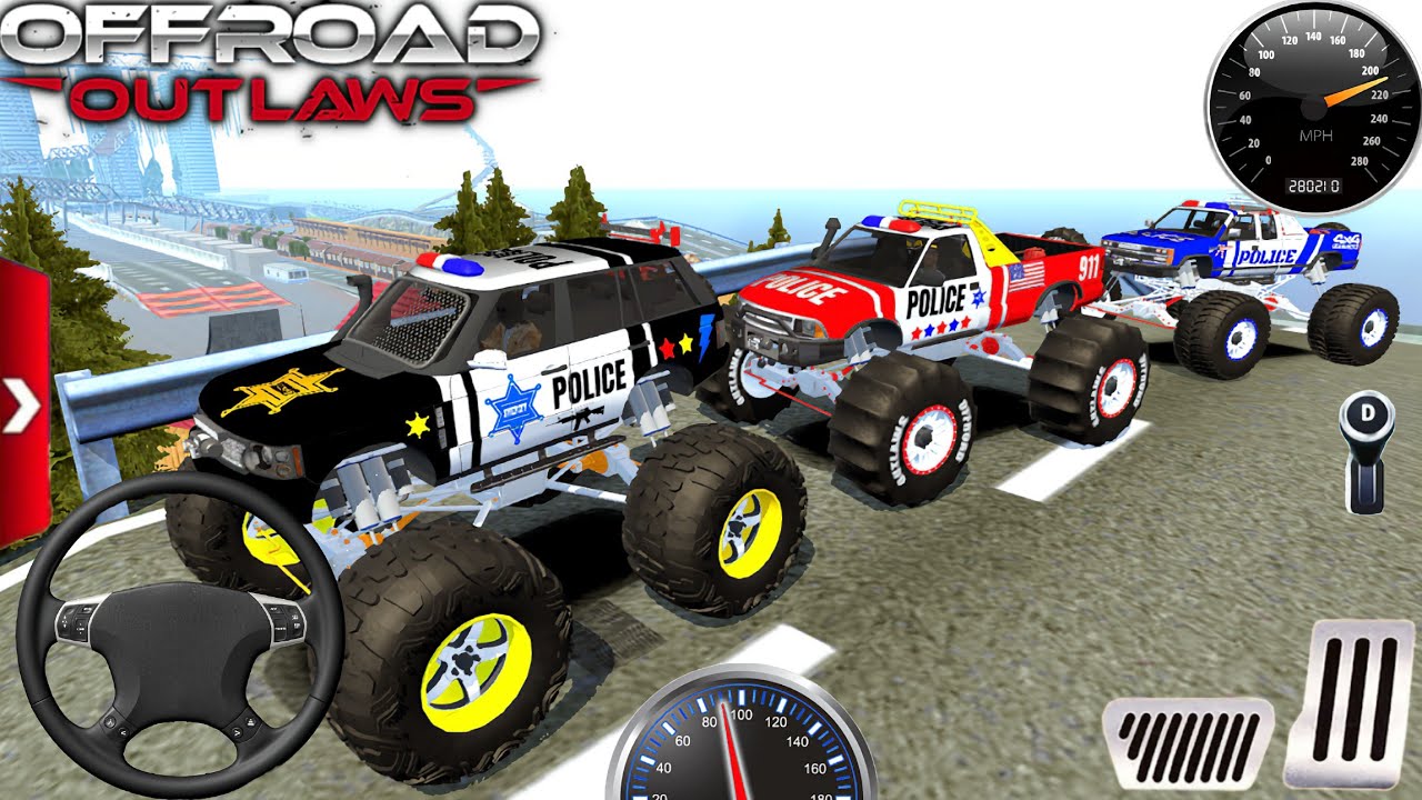 Police Monster Cars Mega Ramp Racing Simulator #1-Offroad Outlaws Jump Race Gameplay.