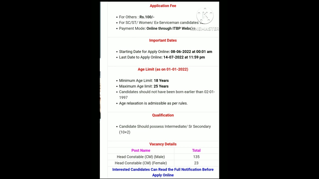 ITBP Head Constable (Combatant Ministerial) Online Form 2022 