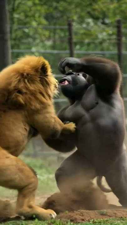 Lion vs Gorilla: Epic Showdown at the Zoo! 🦁🥊🦍 #wildbattle  #animalfight