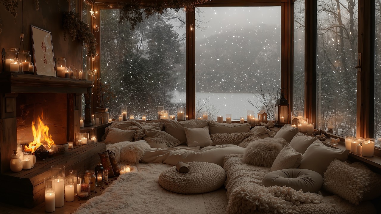 Warm Cabin Glow on a Snowy Night ⛄ | Relaxing Piano, Crackling Fireplace & Falling Snow for Work