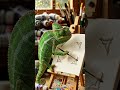 Tiny chameleon painting invisible brackets on a blank canvas