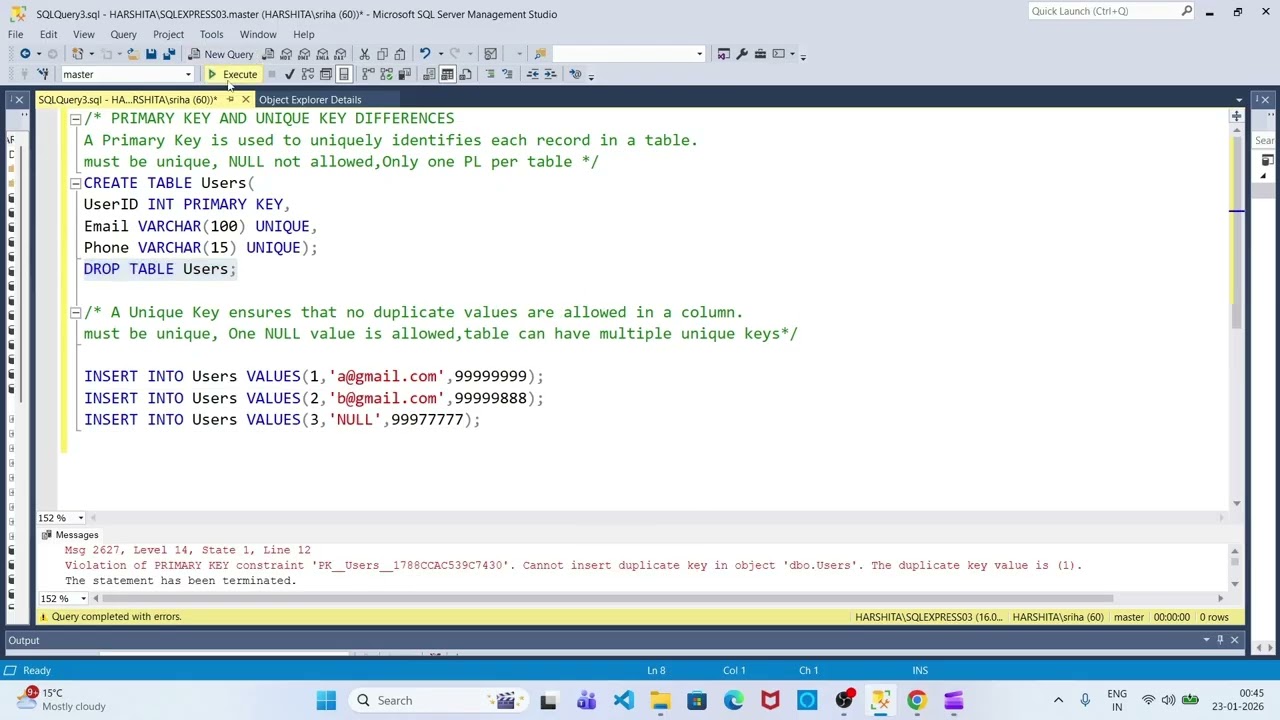 Primary Key vs Unique Key in SQL Server | Differences with Real-Time Examples