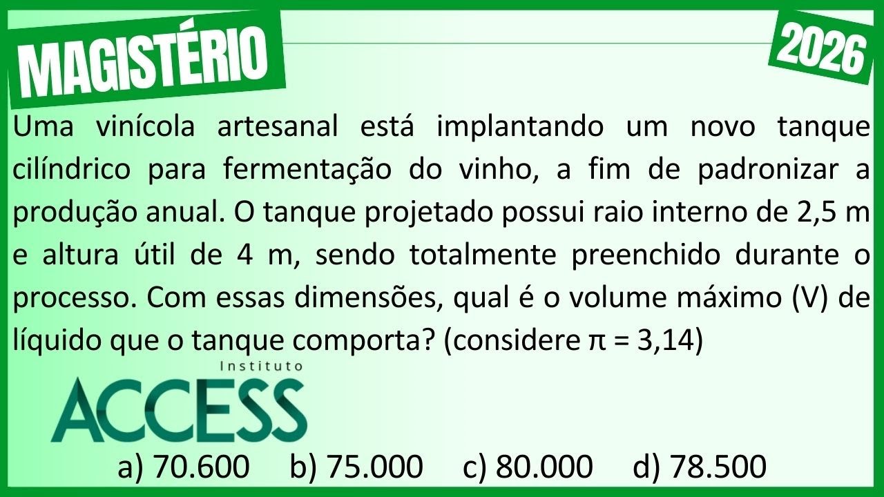 Ache o VOLUME do CILINDRO na Prova a Banca Instituto ACCESS