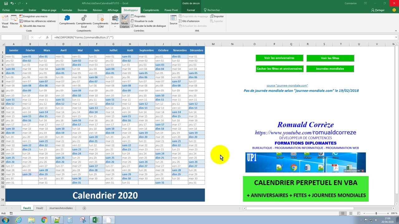 Excel Vba Evenements Dans Calendrier Perpetuel En Vba Youtube