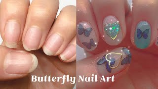 셀프네일 / 나의 6월 첫 여름 네일아트 나비네일, 부러진 손톱 네일연장 Gel nail extension & Butterfly nail art tutorial