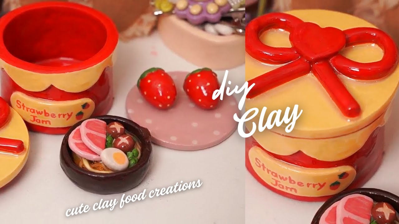 mini strawberry jam jar & cute clay food creations 🍓🍝✨using air dry clay / no bake