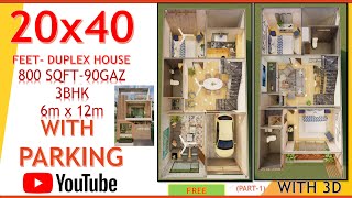 20x40 HOUSE PLAN with car parking and 3d elevation/800sqft/90gaz/6x12m/72sqm