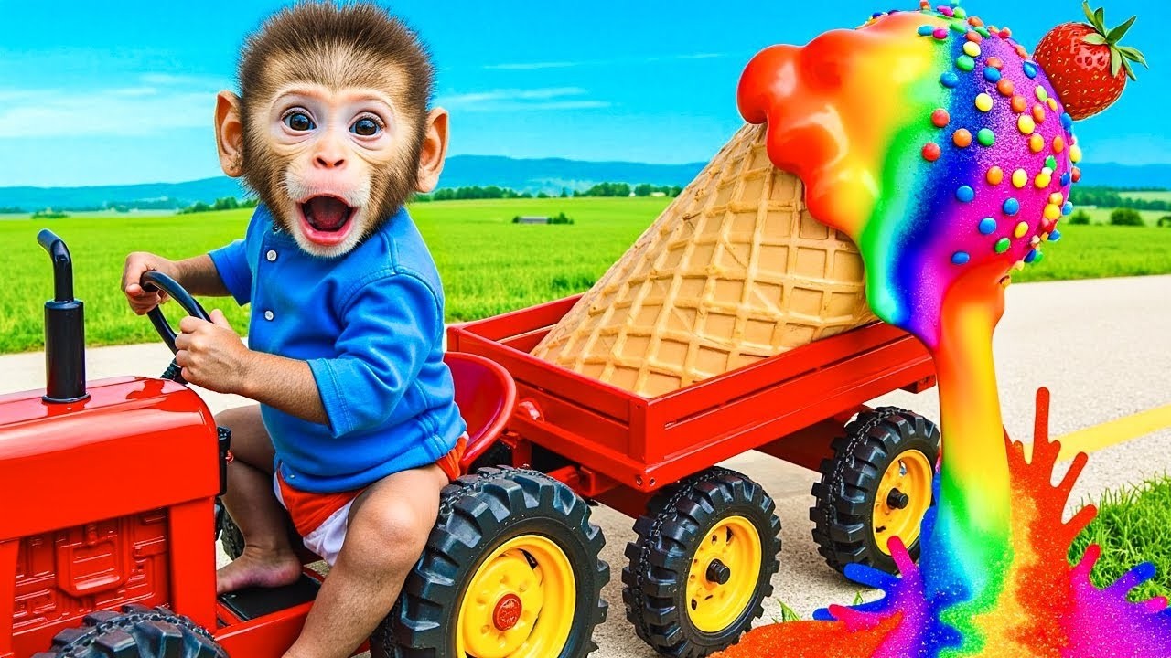 Bebé Mono BiBi Transporta un Helado Gigante Arcoíris en su Tractor Rojo - MONO BIBI ESP