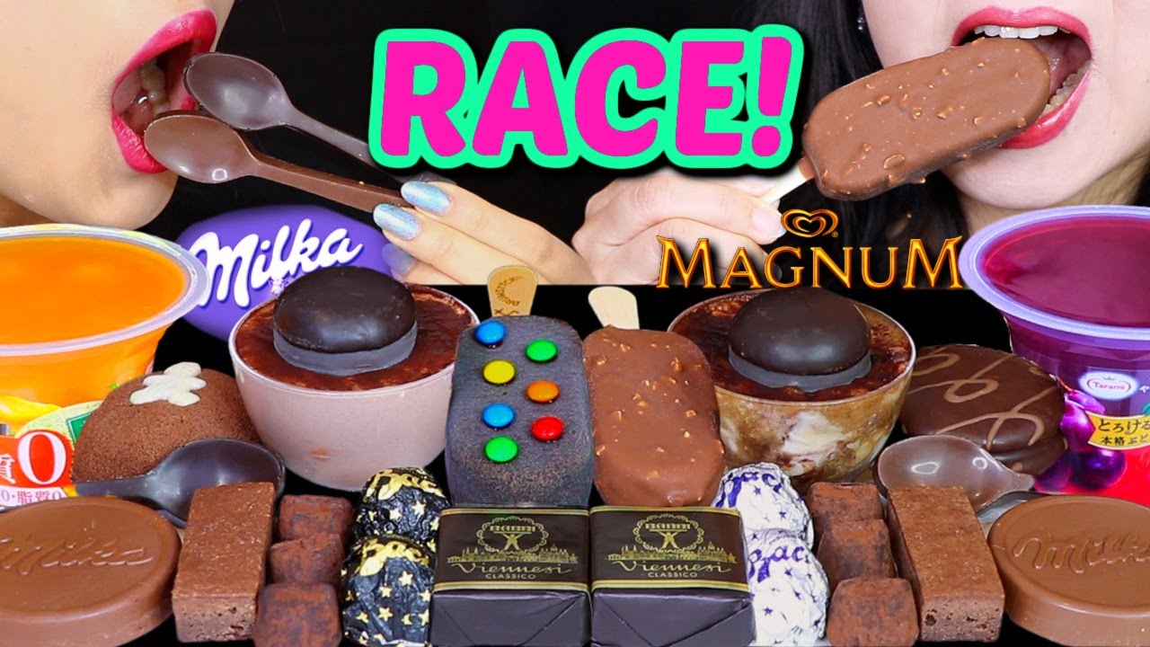 ASMR RANDOM DESSERT RACE! CHOCOLATE LAVA MOONCAKE, MAGNUM ICE CREAM, MILKA, JELLY, MARSHMALLOW 먹방