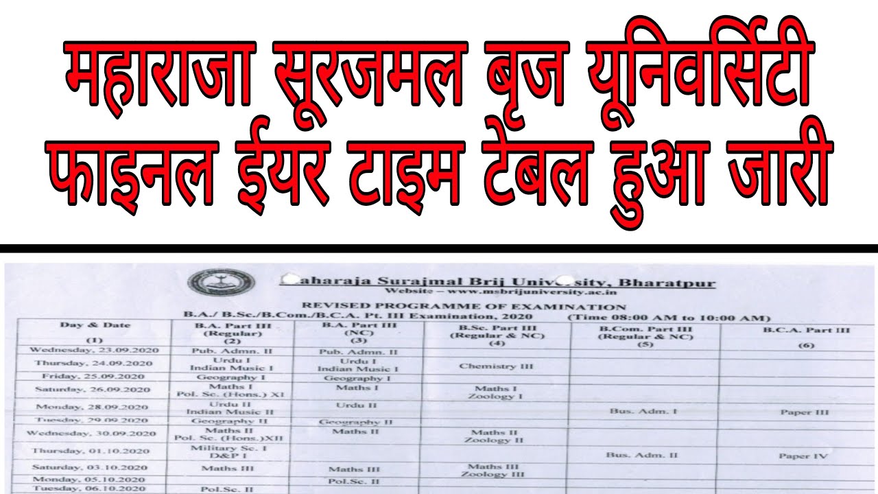 Brij University Time Table 2020 || Maharaja Surajmal Brij University Time Table 2020 ||