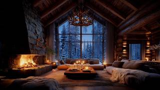 Winter Log Cabin Fireplace at Night with Snow Outside | Real Crackling Fire Sounds 4K