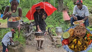 Epic cooking (w) my father and sister | Curry Goat | Rice & peas| vegetables |outdoor cooking