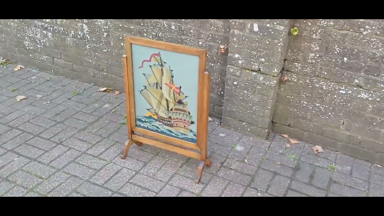 Vintage Oak Fire Screen with Galleon Tapestry and Glazed Panel – Timeless Nautical Elegance