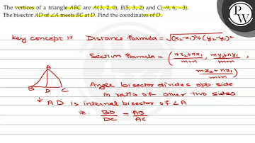 The vertices of a triangle \( A B C \) are \( A(3,2,0), B(5,3,2) \) and \( C(-9,6,-3) \). The bi...