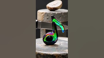 Iridescent obsidian shaped like a music note is precisely sliced