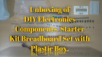 Unboxing of diy electronics components, starter kit breadboard set with plastic box.