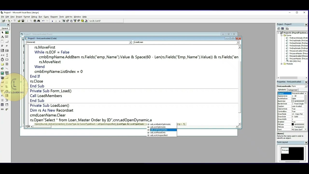 Visual basic 6.0 | Payroll Project 'frmLoanAvailed - load loan name in ...