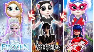 Frozen5 Queen 💙 Wednesday Addams Jenna 🖤🤚 Miraculous #ladybug 🐞💋 my talking Angela 2 cosplay