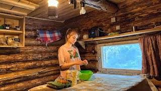 Weekend in the TAIGA with a GIRL IN A LOG CABIN , frying meat on a wooden grill, ASMR