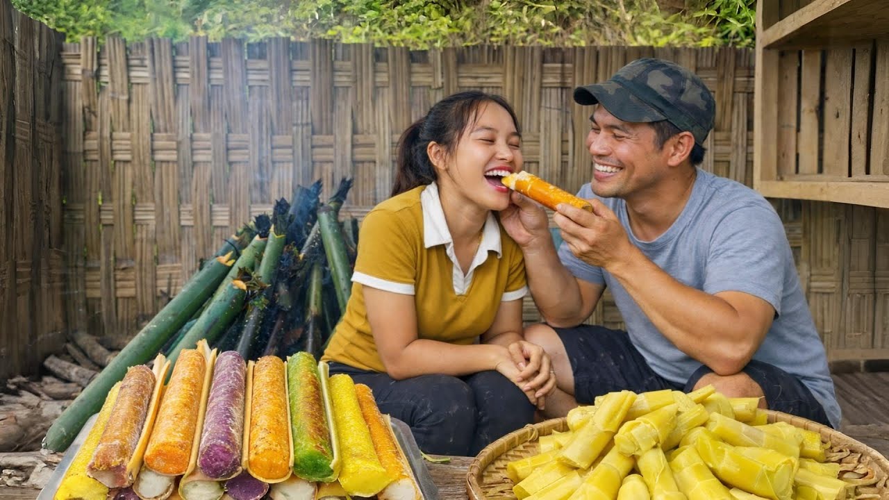 這個女孩採竹筍，用竹筒煮糯米飯（越南特色美食），然後拿到市場上去賣，以賺錢——這就是她的日常生活。
