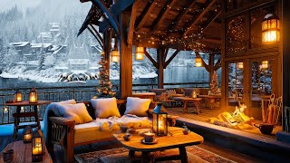 Cozy Winter Porch Ambience Lakeside ☕ Warm Jazz Instrumental Music \& Crackling Fireplace for Relax