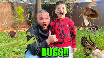 Caleb Goes BUG HUNTING OUTSIDE with DAD! Learn about Bugs and INSECT Facts for kids!