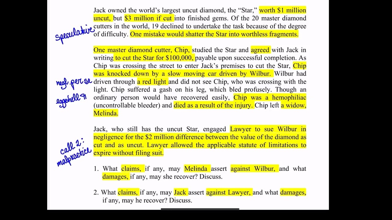 Issue Spot Torts - 3 negligence analyses involving a diamond cutter