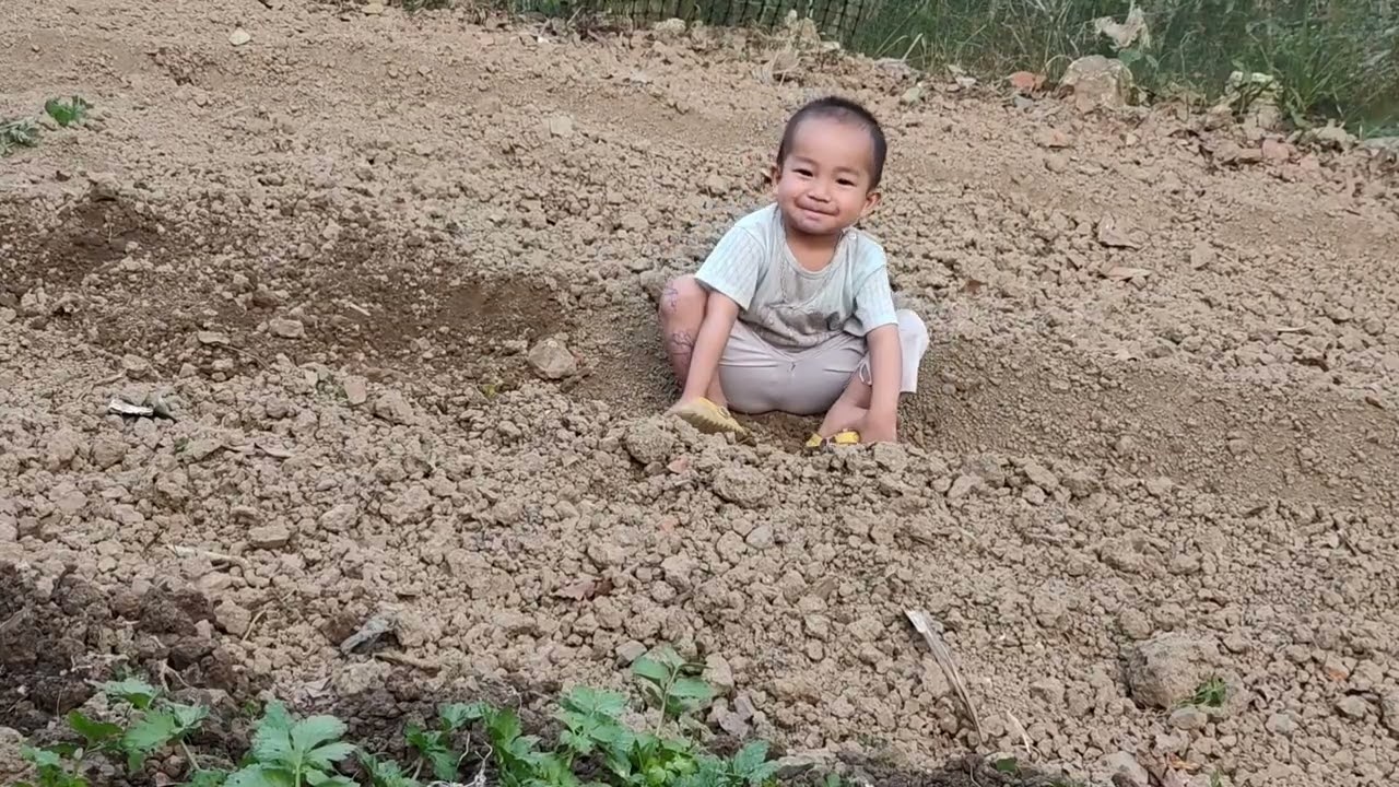 Three mother and children are gardening at home.