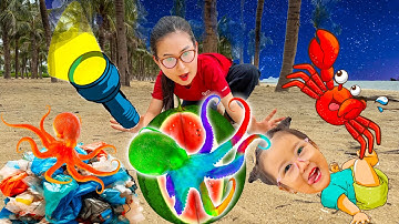 Changcady ra biển soi đêm, bắt được con bạch tuộc, con cua, con cá