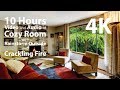 4K HDR 10 hours - Cozy Ambient Room, Storm Outside &amp; Crackling Fireplace Audio - relaxing, warm