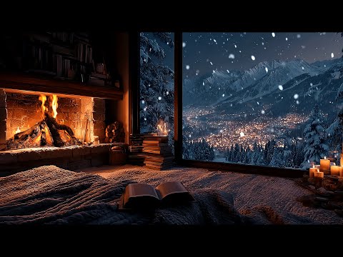 Cozy Fireplace 4K With Crackling Logs And Snowy Village View Ambience For Stress Insomnia Relief 