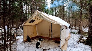First Night At My New Off Grid Wilderness Camp: Wall Tent Setup, Wood Stove