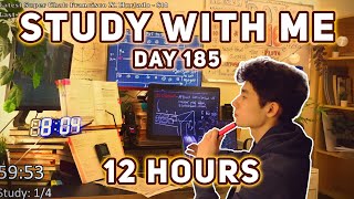 LIVE 12 HOUR | Day 185 | study with me Pomodoro | No music, Rain/Thunderstorm sounds