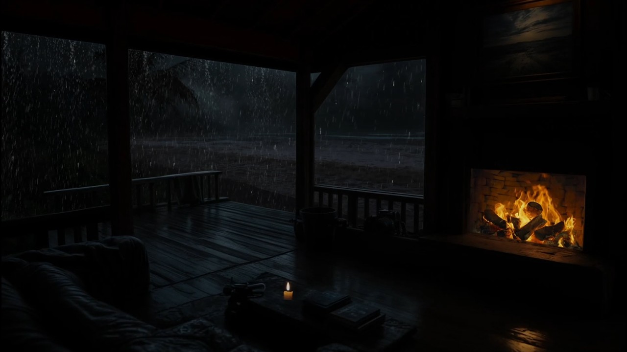 Ad-Free Stormy Beach Porch 🌧️🌊⚡| Roaring Rain, Thunder & Cozy Fireplace🔥Fall Asleep Fast Tonight 😴
