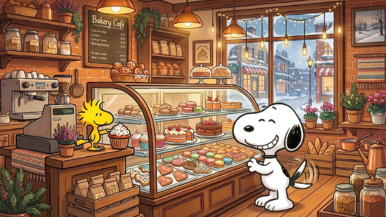 Уютная зимняя пекарня со Снупи 🍰 Расслабляющий джаз в кафе для работы, учебы и концентрации ☕ Уют...