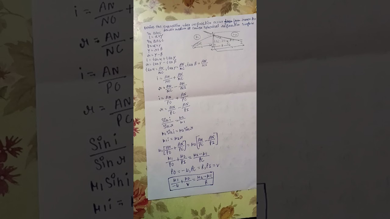 Derive the expression rarer to denser medium to convex spherical refraction surface 