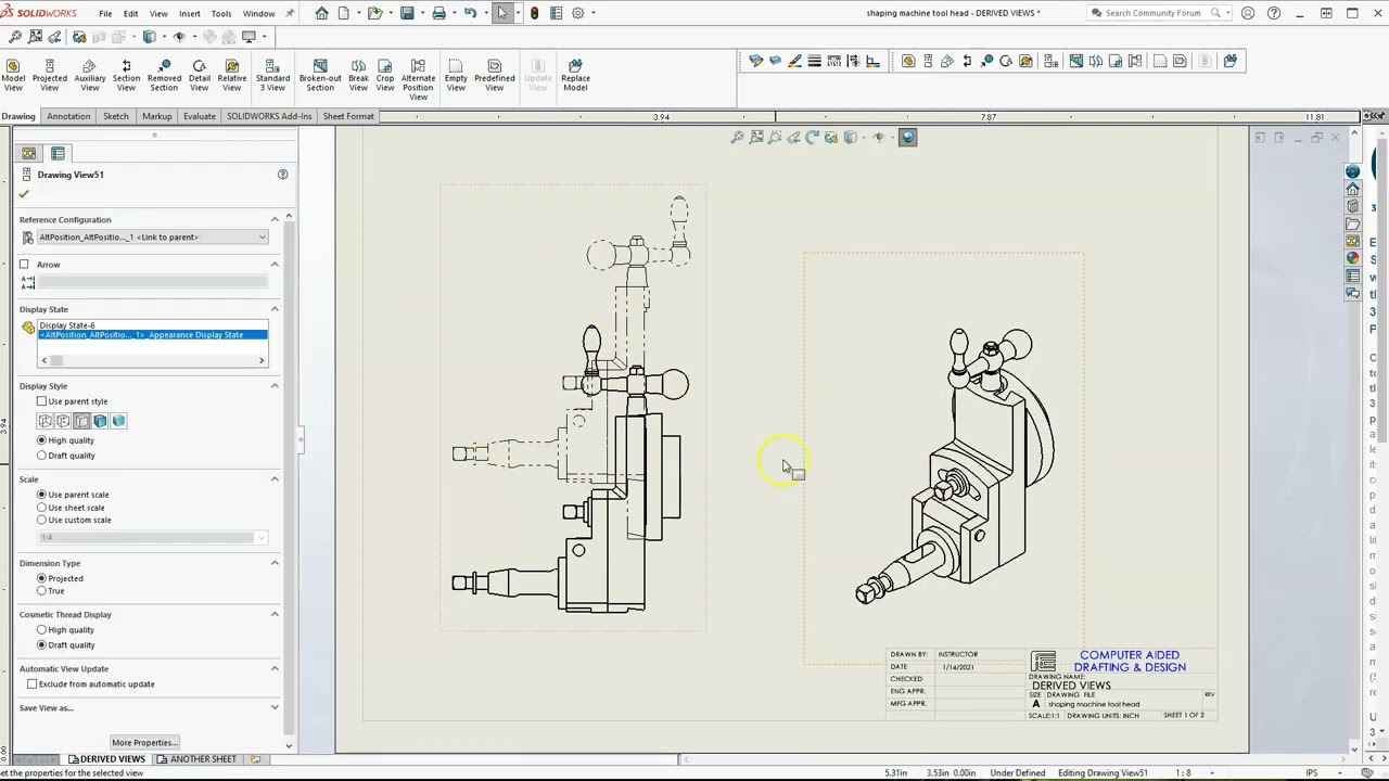 SolidWorks: Drawings Derived Views - Alternate Position View - YouTube