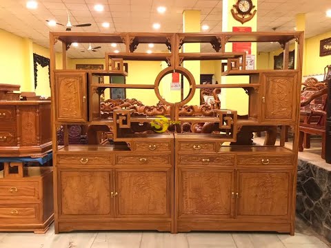 Mẫu kệ trang trí kết hợp vách ngăn cho phòng khách từ gỗ Gõ Đỏ