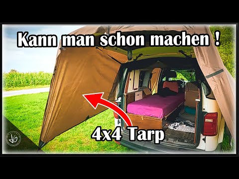 Leave all doors open when it rains - Tarp as all-round protection on the mini camper