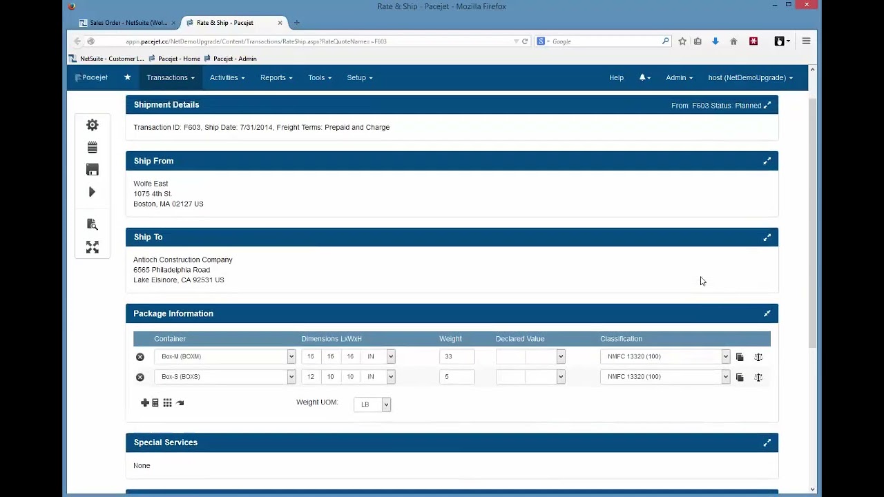 NetSuite Freight Quotes with Rate Shopping via Pacejet