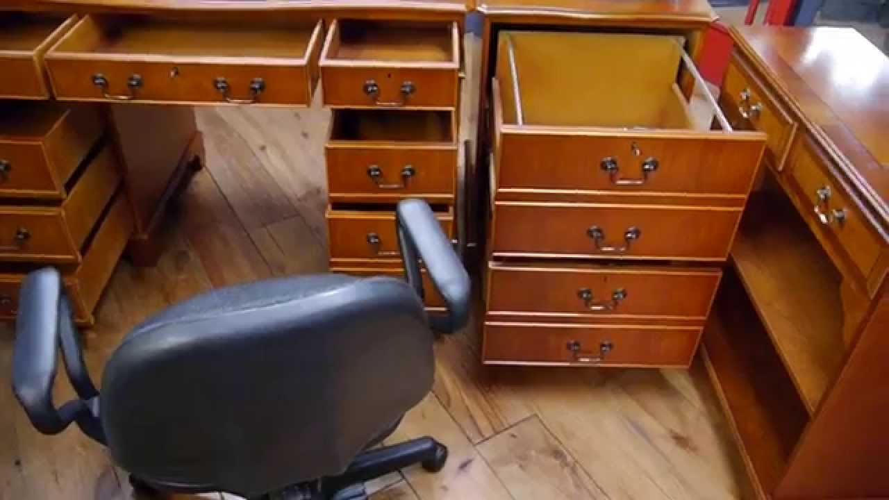 Twin Pedestal Yew Wood Writing Desk Bookcase Filing Cabinet Twin Pedestal Yew Wood Writing Desk Bookcase Filing Cabinet Office Chair