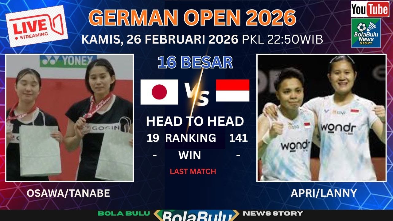LIVE SKOR R16: APRIYANI/LANNY Vs OSAWA/TANABE - German Open 2026
