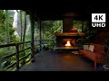 Cozy porch in the rainforest  soothing sound of rain waterfall and crackling fire  8 hours  4k