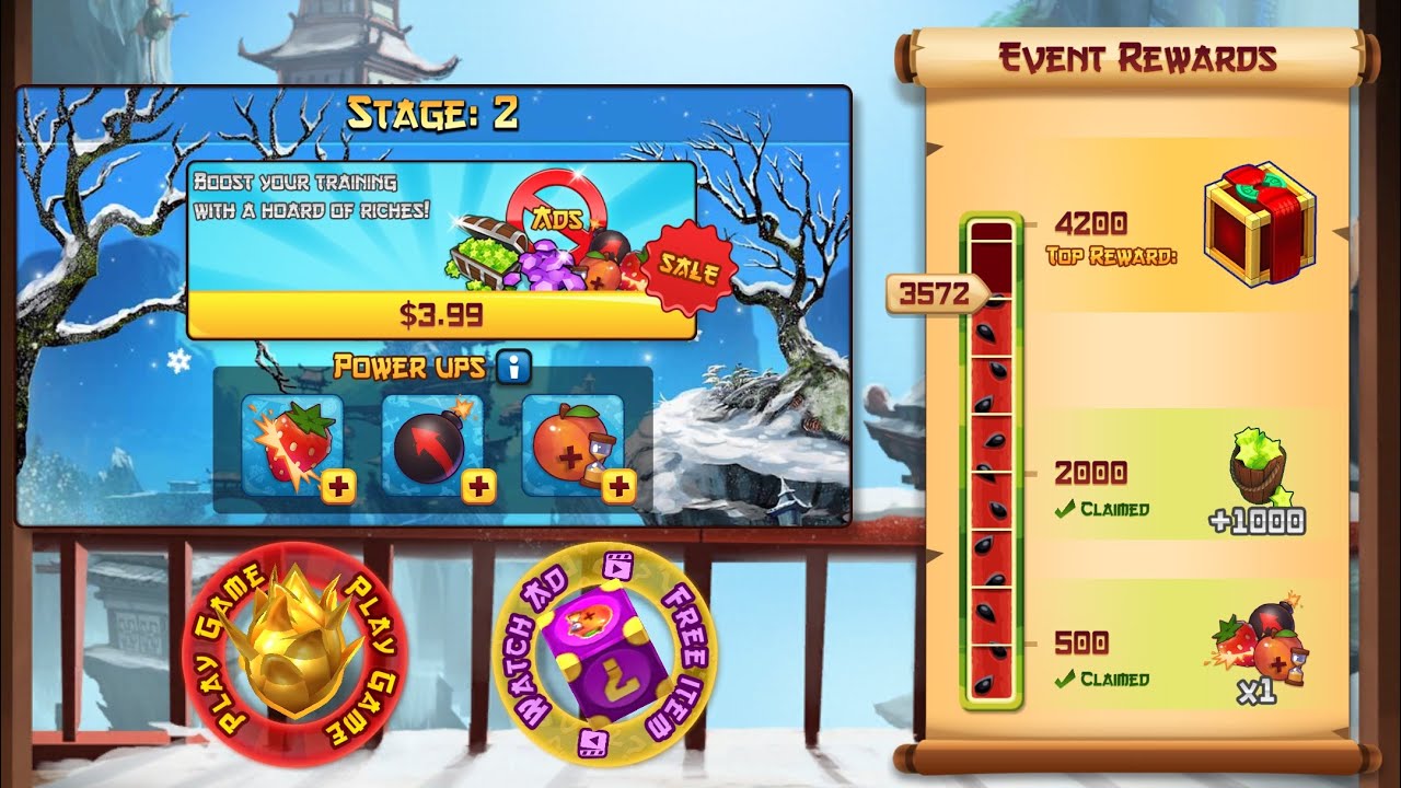 Fruit Ninja gameplay! Playing three levels at the snow blade Christmas