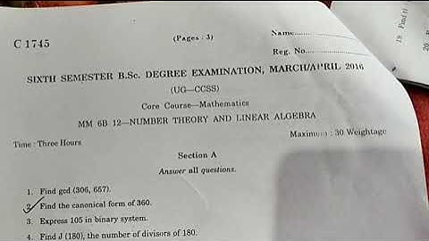 sixth emester|question paper| number theory & linear algebra|March2016|BSC MATHS|Calicut University
