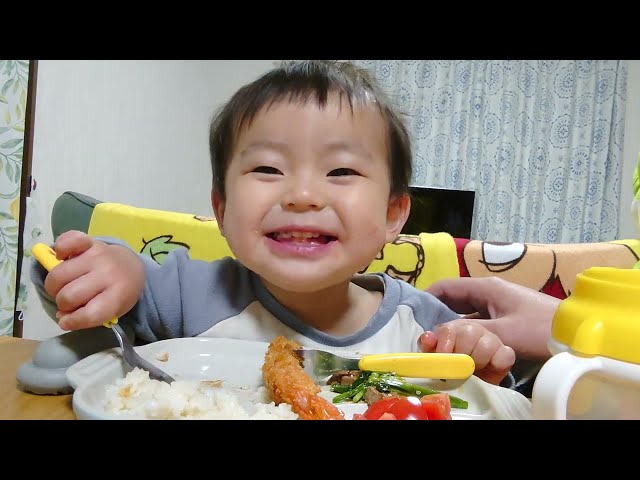 Eat tomatoes, levanilla, fried shrimp, dumplings, and rice👶♥【パパと2人でごはん！トマト、レバニラ、エビフライ、餃子、ご飯を食べます👶♥】 class=